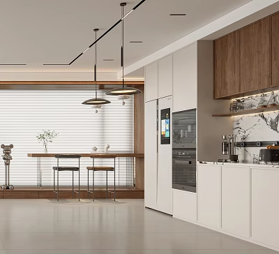 Modern Kitchen Bar Area Interior With Hanging Lights White Cabinets And Bar Stools 3d model