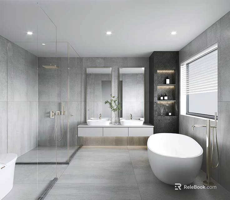 Modern Grey Bathroom With Open Shower Double Vanity And Freestanding Bathtub 3d model 