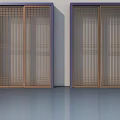 Modern Interior Swing Doors With Wooden Grid Design And Purple Frame 3d model