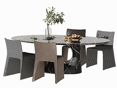 Round Marble Dining Table Set with Black White Checkered Brown Woven Chairs Vase Green Plant 3d model