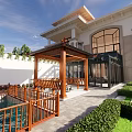 Garden Courtyard With Wooden Pavilion Swimming Pool Stone Path Greenery And Modern Building