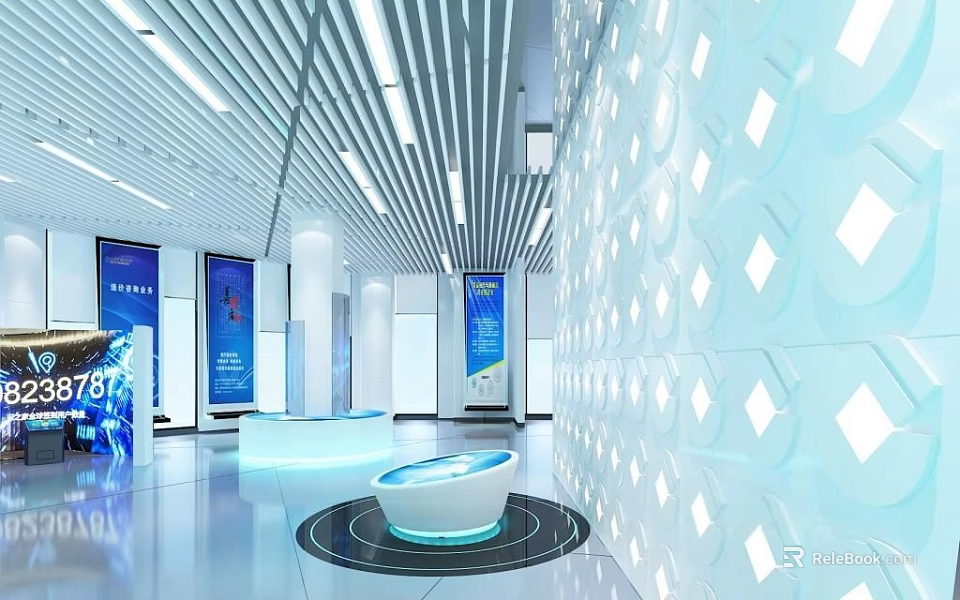Modern Exhibition Hall Interior With LED Lighting Digital Screens And Circular Display Podium 3d model 
