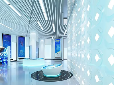 Modern Exhibition Hall Interior With LED Lighting Digital Screens And Circular Display Podium 3d model