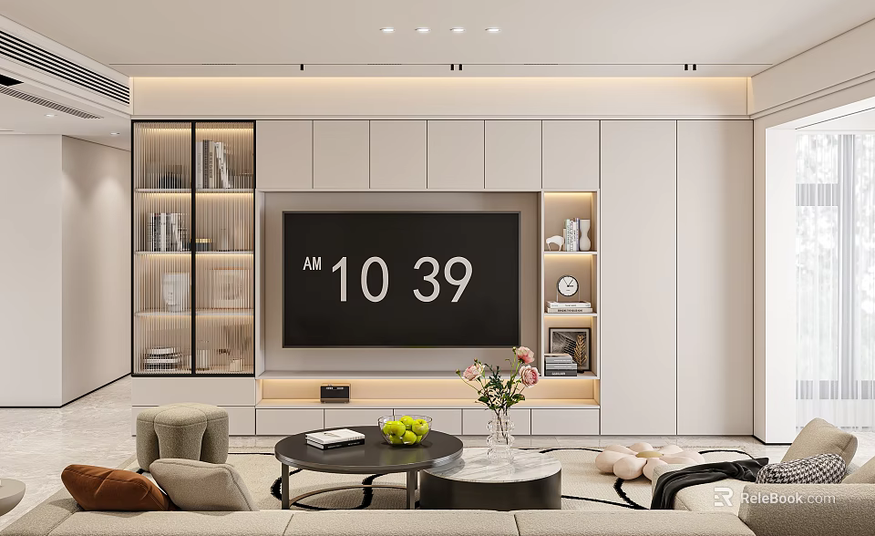 Modern Living Room Interior With TV Wall Cabinets Digital Clock Sofa Coffee Table And Flowers 3d model 