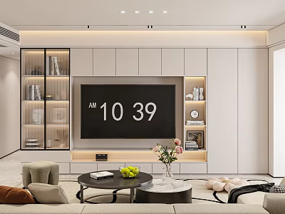 Modern Living Room Interior With TV Wall Cabinets Digital Clock Sofa Coffee Table And Flowers 3d model