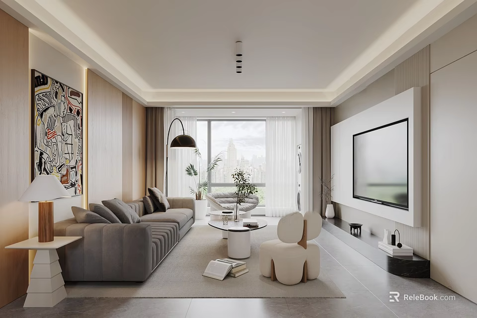 Modern Living Room Interior With Sofa Large Window And Art Decor 3d model