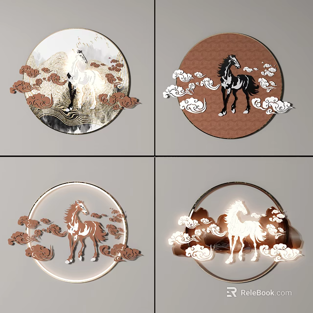 Round Wall Decor Featuring Horse Design With Clouds And Floral Elements 3d model