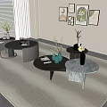 Modern Coffee Tables Set On Light Rug With Decorative Wall Art And Plant Vases