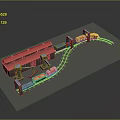 Red Roof Building With Curved Railway Track And Colorful Train Carriages