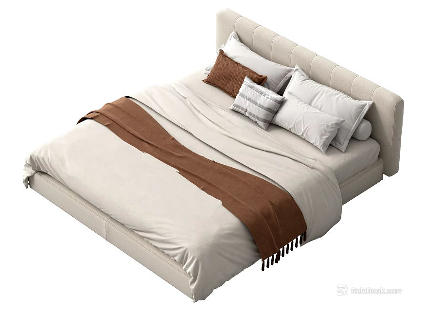 Modern Double Bed with Light Headboard Multiple Pillows and Brown Throw Blanket 3d model