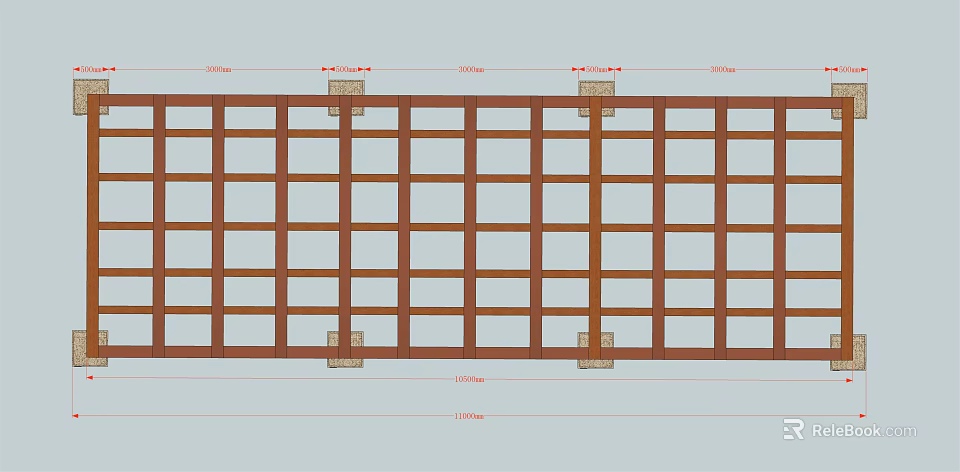 Wooden Pergola Grid Structure Design With Detailed Dimensions And Support Columns 3d model