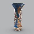 Exquisite Blue Ceramic Vase With Golden Decorations And Painted Figures On White Base