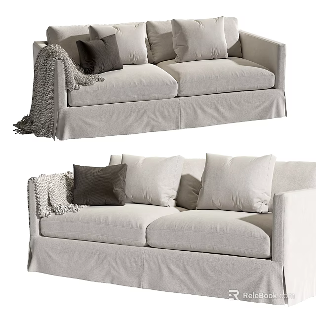 Light Colored Two Seater Sofa With Cozy Pillows And Blanket In Upholstered Fabric 3d model 