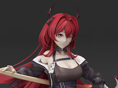 3D Model Red Haired Horned Female Character With Purple Eyes Holding Axe In Brown Outfit 3d model