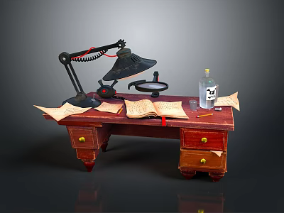 Red Wooden Desk With Table Lamp Open Book Papers And Ink Bottle 3d model