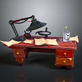 Red Wooden Desk With Table Lamp Open Book Papers And Ink Bottle