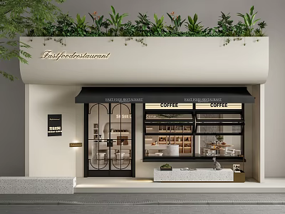 Modern Café Storefront With Hanging Green Plants Glass Windows Coffee Counter And Warm Lighting 3d model