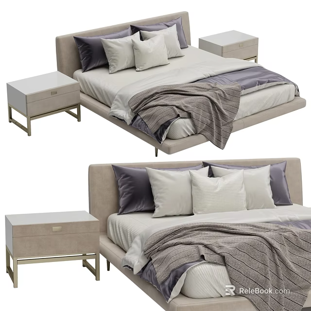 Double Bed with Modern Beige Upholstery Light Gray Pillows Blanket and Wooden Nightstands 3d model 