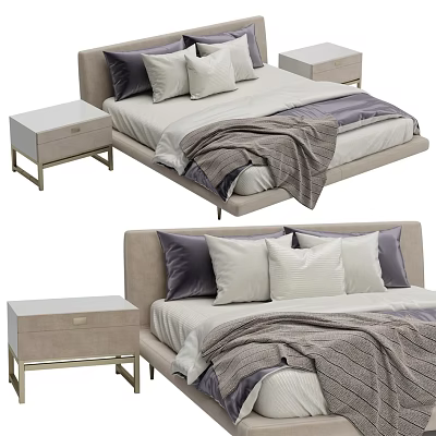 Double Bed with Modern Beige Upholstery Light Gray Pillows Blanket and Wooden Nightstands 3d model