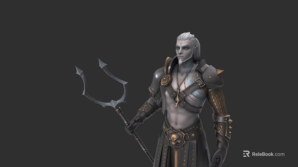 Silver Haired Armored Character With Trident And Mythical Creature Features In Fantasy Role Design 3d model 