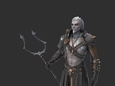 Silver Haired Armored Character With Trident And Mythical Creature Features In Fantasy Role Design 3d model