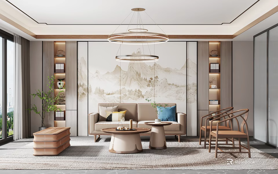 Traditional Chinese Living Room With Landscape Painting Beige Sofa And Wooden Coffee Table 3d model 