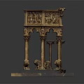 Intricately Carved Hexagonal Decorative Structure With Lion Statue On Red Base Detailed Sculptures And Columns