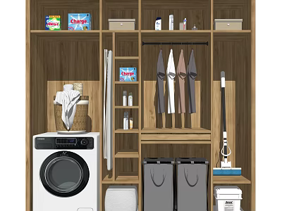 Wooden Bathroom Cabinet Storage With Washing Machine Clothes Storage Baskets And Cleaning Tools 3d model