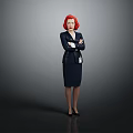 Red Haired Professional Woman In Dark Blue Suit Standing With Crossed Arms Against Gray Background