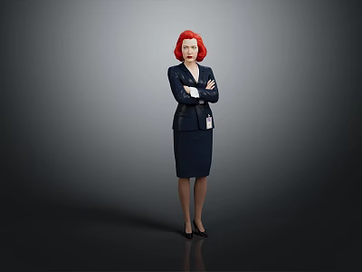 Red Haired Professional Woman In Dark Blue Suit Standing With Crossed Arms Against Gray Background 3d model