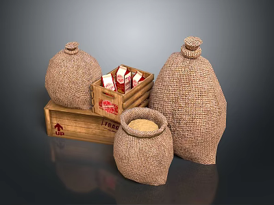 Household Supplies Featuring Sack Wrapped Containers Wooden Crate Milk Cartons And Grain Filled Earthenware Jar 3d model