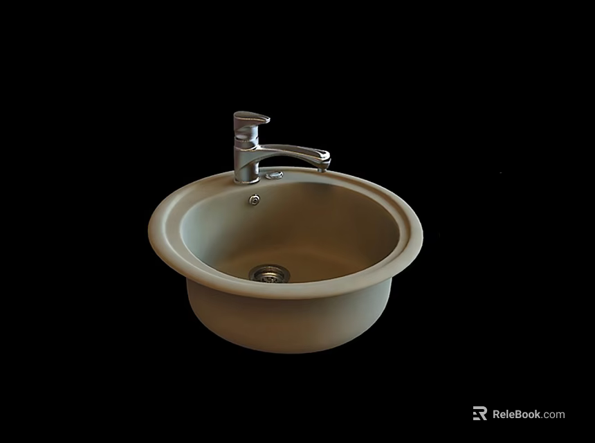 Light Colored Round Ceramic Washbasin With Silver Faucet On Black Background 3d model