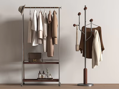 Modern Floor Standing Coat Racks with Shelf and Multi Hook Hanging White Beige Brown Clothes 3d model