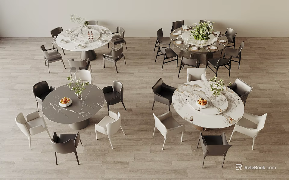 Elegant Round Dining Table Sets With Marble Tabletops And Matching Chairs For Dining Room 3d model 