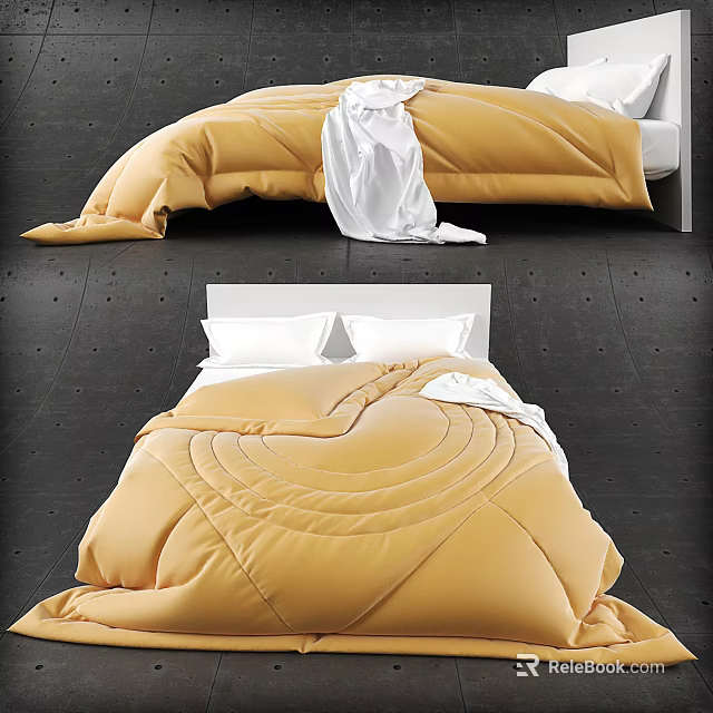 Double Bed With Yellow Circular Textured Duvet And White Pillows Modern Design 3d model 