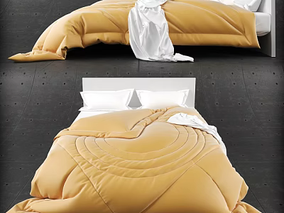 Double Bed With Yellow Circular Textured Duvet And White Pillows Modern Design 3d model