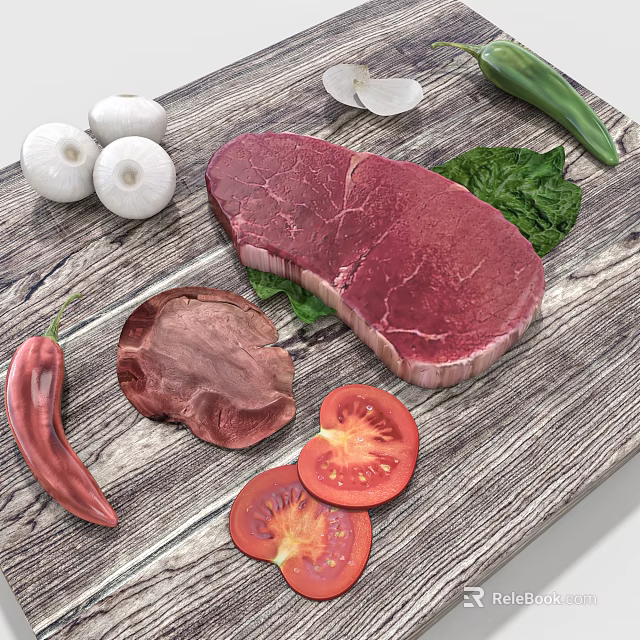 Fresh Raw Beef Steak With Tomato Slices Garlic Cloves Fresh Greens And Red Chili Pepper 3d model 