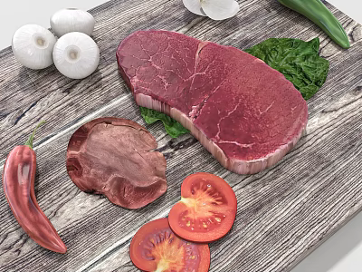 Fresh Raw Beef Steak With Tomato Slices Garlic Cloves Fresh Greens And Red Chili Pepper 3d model