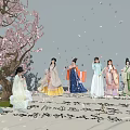 Multiple Women In Traditional Costumes Standing Under Cherry Blossom Tree With Falling Petals