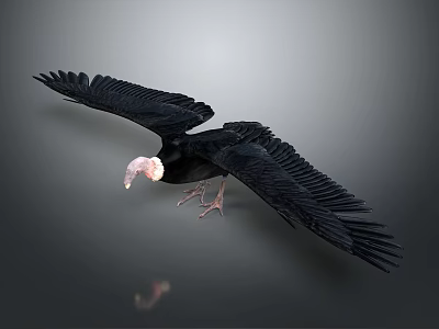 Black Vulture Flying with Spread Wings Black Feathers Pink Head Against Gray Background and Reflection 3d model