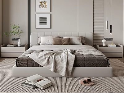 Modern Upholstered Double Bed With Pillows Blanket Nightstands Light Colored Wall And Decorative Paintings 3d model