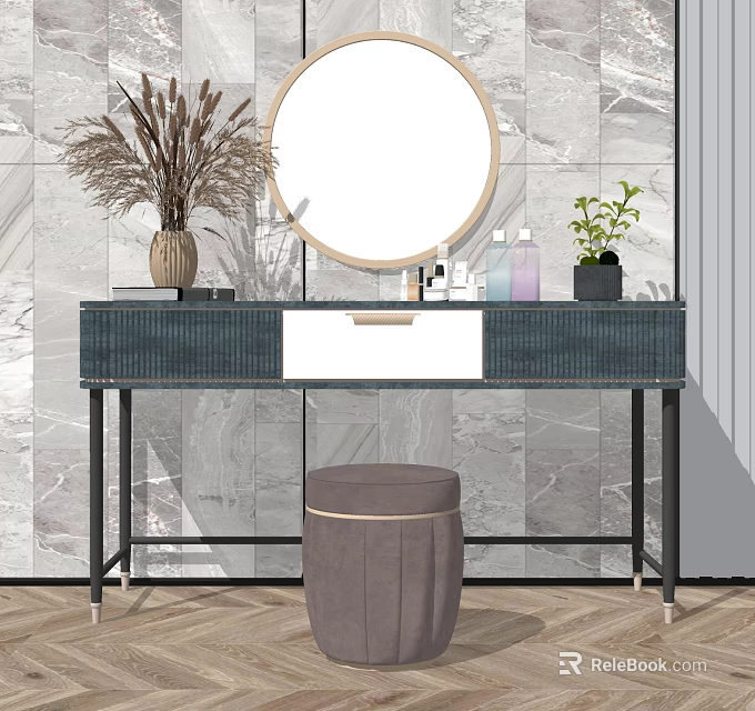 Modern Dressing Table with Round Mirror Grey Stool and Plants on Marble Wall Background 3d model