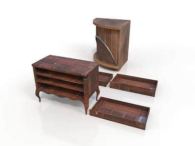 Dark Wooden Furniture Collection With Sideboard Cabinet And Decorative Trays 3d model