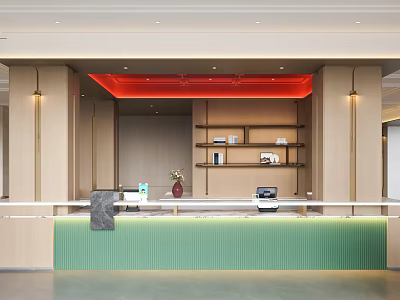 Hotel Public Lounge Reception Area With Green Counter Wooden Backdrop Bookshelves And Red Ceiling 3d model