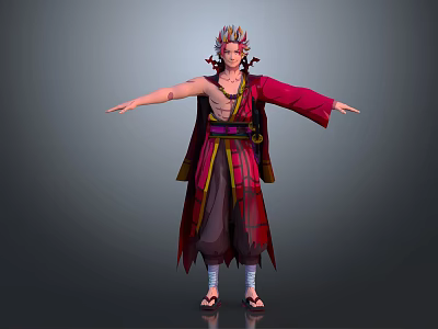 Elegant Male Character In Traditional Red Robe With Ornate Headdress And Open Arms Pose 3d model