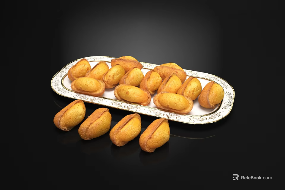 Freshly Baked Golden Pastries On White Decorative Plate With Black Background 3d model 