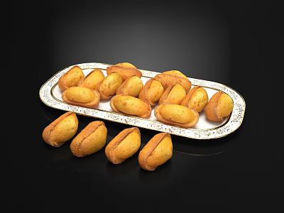 Freshly Baked Golden Pastries On White Decorative Plate With Black Background 3d model