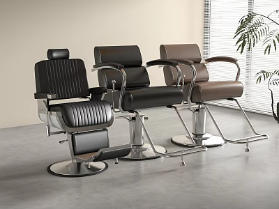 Three Stylish Barber Chairs In Black Brown With Metal Base For Salon Interior 3d model