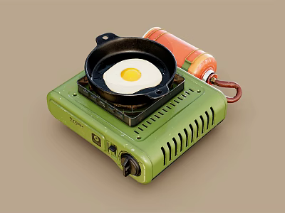 Portable Green Gas Stove with Frying Pan and Fried Egg for Home Kitchen Cooking 3d model