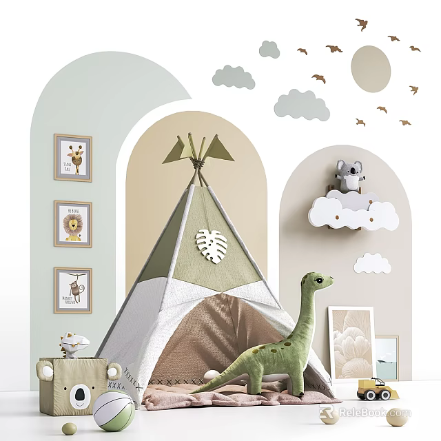 Kids Green White Teepee Tent With Leaf Pattern Dinosaur Toy And Cloud Decorations 3d model